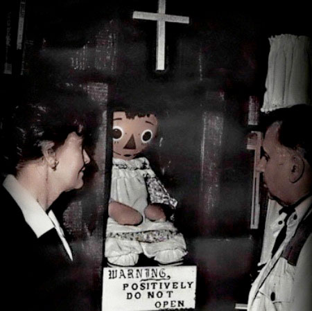 Ghostly Dibbuk wine cabinet and Annabelle - scary haunted dolls images 4