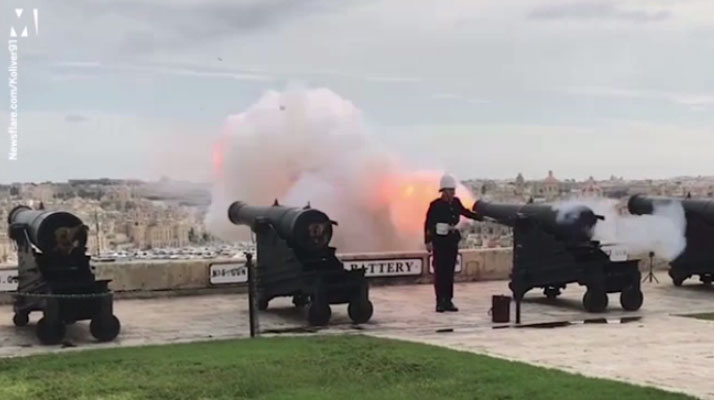 Picture 1 of The dove flew in front of the cannon just in time to fire and the carpet ended