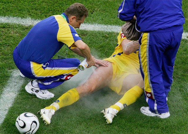 Picture 1 of What is a football player spraying on a sore wound when he is hurt on the field?