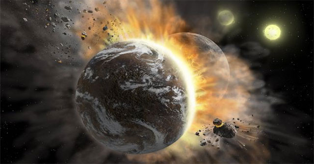 2 copies of Earth crashed into each other, shooting debris across space