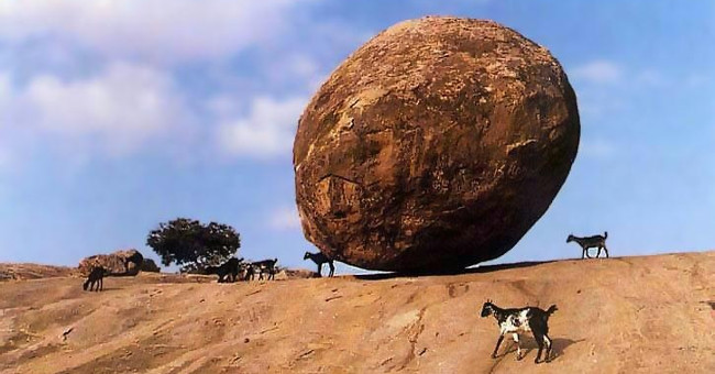 250-ton rock is balanced on a 45-degree steep hill
