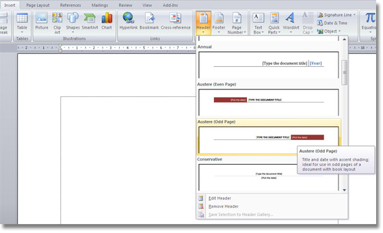 Add even and odd page titles in Word 2007