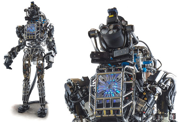 Atlas robot walks through the forest