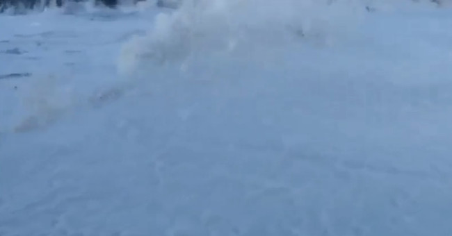 Beach covered with white foam like snow mats
