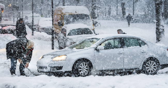 Beams of white snow cover throughout Europe