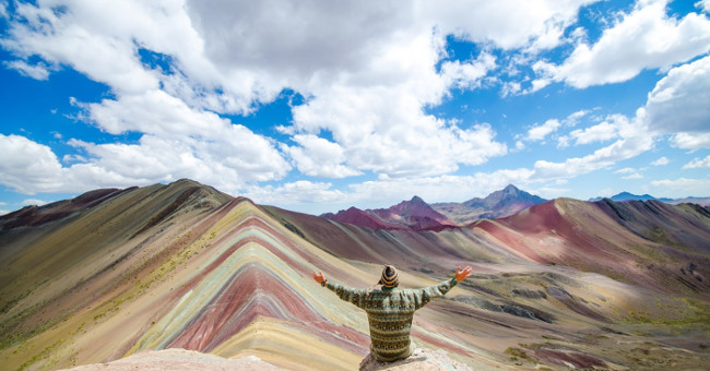 Brightly colored backgrounds like the rainbow of sacred mountains in Peru