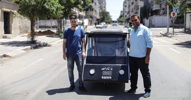 Close up of the first homemade solar car of Palestinian students