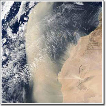 Dust storms from the Sahara desert cause an explosion of plankton in the East Atlantic Ocean