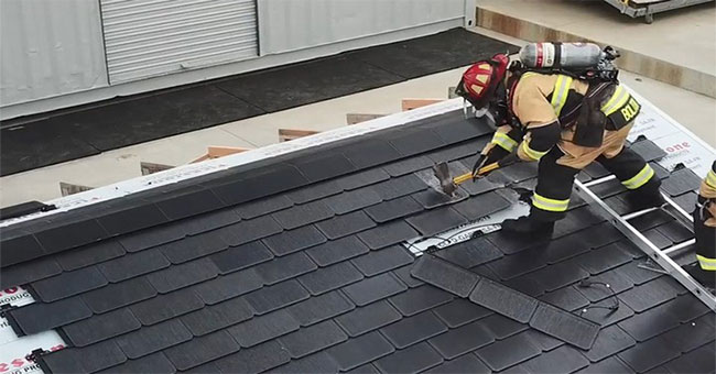 Firefighters must also wear their hats due to the durability of Tesla's solar tile roof
