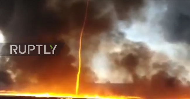Firefighters took a scene of a strange fire tornado bombarding the sky