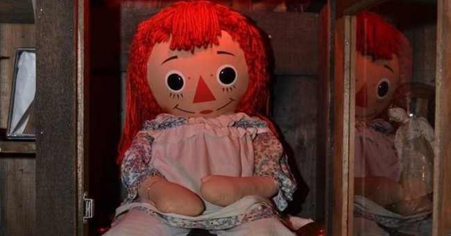 Ghostly Dibbuk wine cabinet and Annabelle - scary haunted dolls
