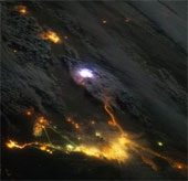 Image of lightning strikes on space