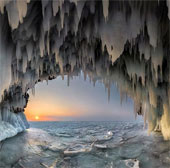 Magical beauty of ice dynamics at sunrise in Siberia