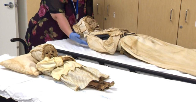Mummy of mother and son 300 years old in the tomb of the church
