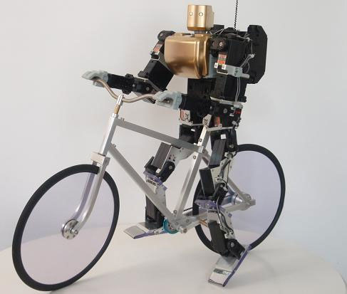 Robot riding a two-wheel bike, foot brake
