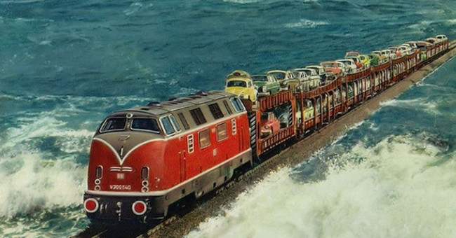 Scene of trains running in the middle of the sea in Europe
