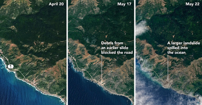 Serious landslide in California viewed from NASA satellite