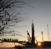 Soyuz ships on the launch pad for the mission to send people to ISS