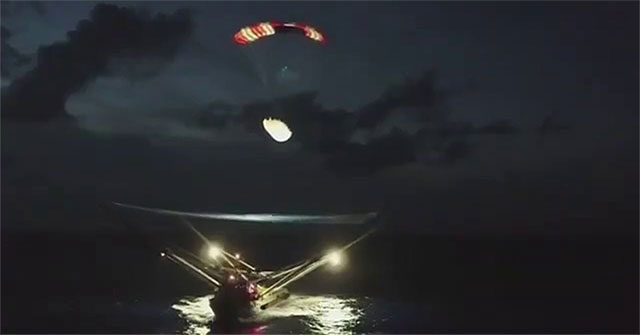 SpaceX ships with a tight grid of missile shells falling into the sea