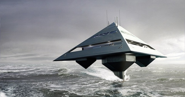 Super yacht-shaped pyramid hovering over the sea