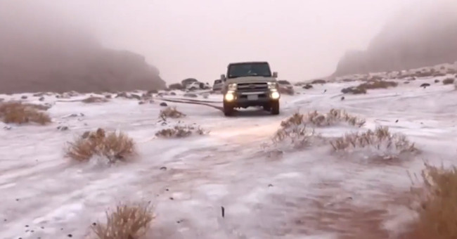 The Arabian desert turned into a white snow field