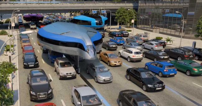 The bus of the future goes by two wheels on top of other vehicles