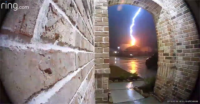 The camera captures the moment when lightning struck American houses