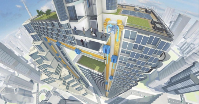 The elevator goes up and down is the old technology, this is the elevator of the future