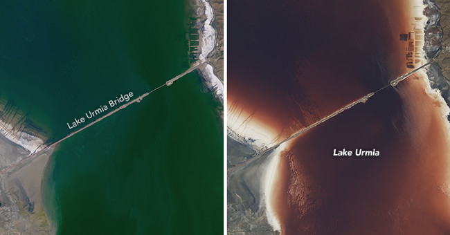 The lake of Iranian salt water turned red like blood
