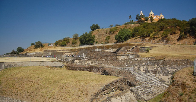 The largest pyramid in the world at the foot of the Mexican church