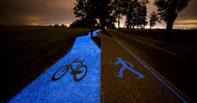 The road itself glows at night thanks to solar energy