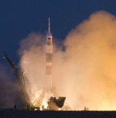 The Soyuz left the launch pad to take three astronauts to ISS