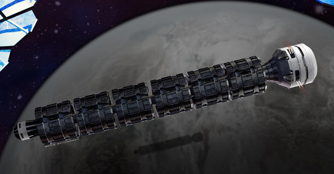 The space train travels from Earth to the Moon in two minutes