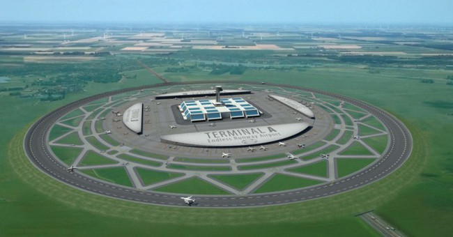 This is an utopian solution to overcome the shortage of areas for airport construction: circular runways