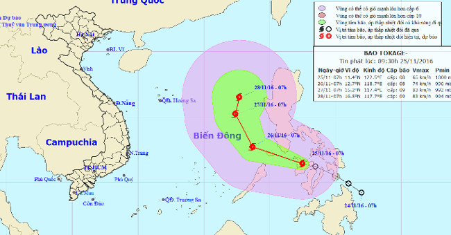 Typhoon Tokage jerked level 10-11 toward the East Sea
