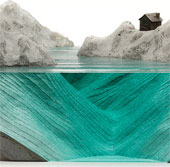 Unique glass sculpture art on ocean waves