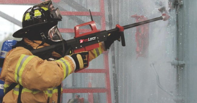Video: Fire guns spray water through concrete walls, iron doors