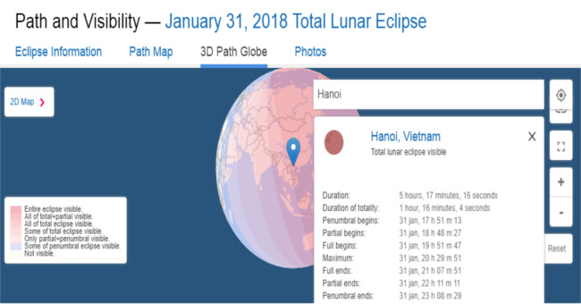 Vietnam in the region of full moon eclipse, blood moon, blue moon most clearly
