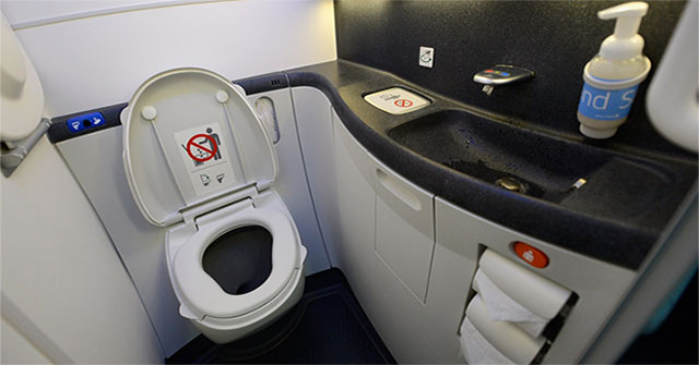 What happens if you push the toilet flush button while sitting on the plane?