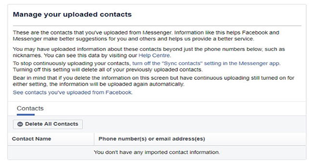 Instructions to upload and delete phone contacts on Facebook