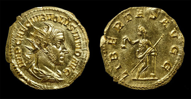 Gold coin engraved with the portrait of the murdered Roman emperor
