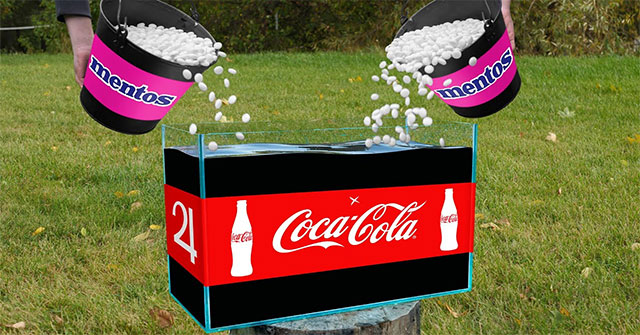 Recreate experiment 'Coke - Mentos' with 10,000 liters of soft drink and the end
