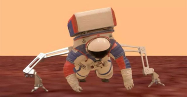 Spider-legged backpack pulls astronaut to his feet on the Moon