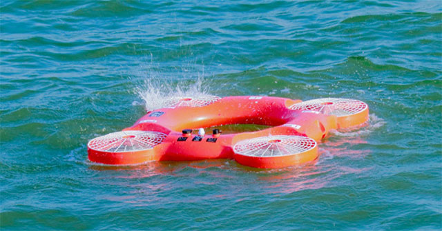 The drone turns into a lifesaver when it lands in the water