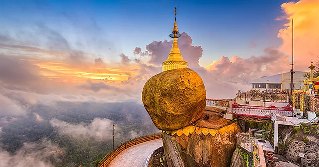 The gilded rock stands precariously on the mountain for thousands of years, defying all the laws of physics