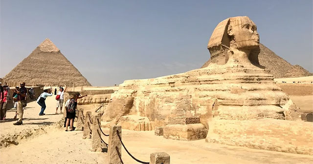 The mysteries of the great Sphinx next to the Giza Pyramids of Egypt