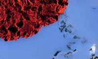Red hot lava flowing on snow causes confusion
